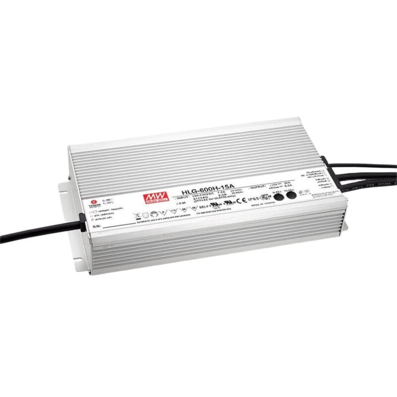 Driver LED Mean Well 54Vcc 11.2A 604.8W CV+CC Potenciometro Metalico IP65 | HLG-600H-54A